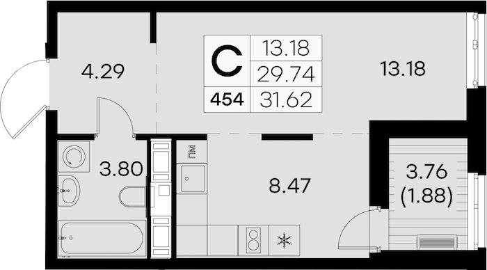 Квартира студия 31.62 м², 6/8 эт., ЖК «Glorax City Балтийская»